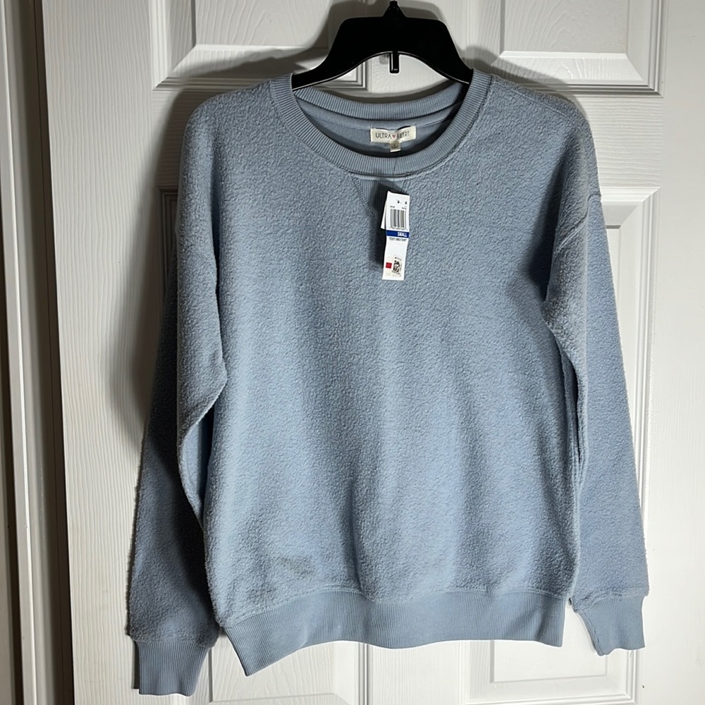 NWT: Ultra Flirt; Soft, Teddy Sweatshirt; Light Blue, Sz Sm